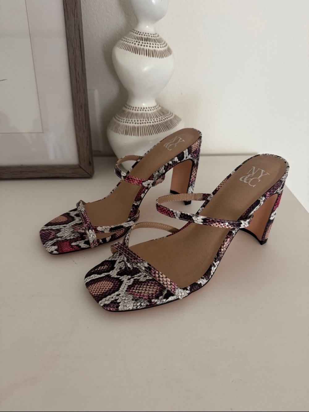 Snake print heel sandals